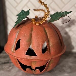 VTG Metal Jack O Lantern Primitive Pumpkin Bell Rustic Fall Decoration Folk Art